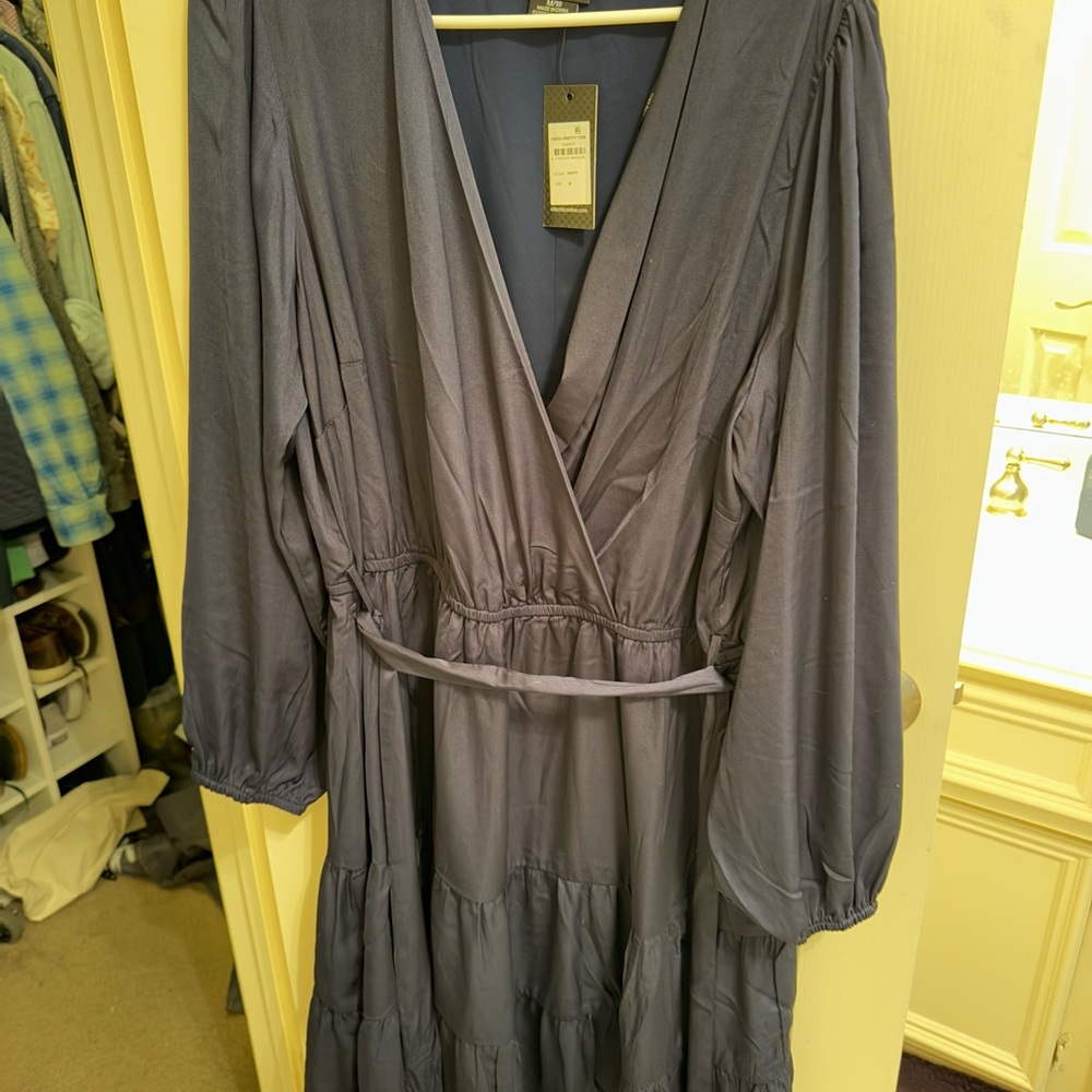 City Chic Navy Long Sleeve V-neck Wrap Dress for Cocktail